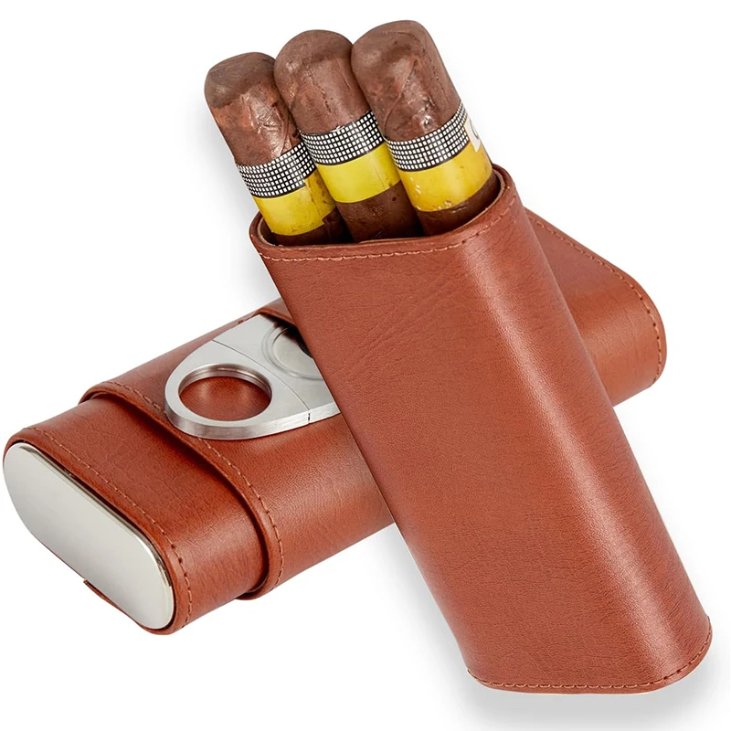 Portable Cigar Humidor Kit, Premium Leather Cigar Case with Cedar Liner and Cutter for Travel Use