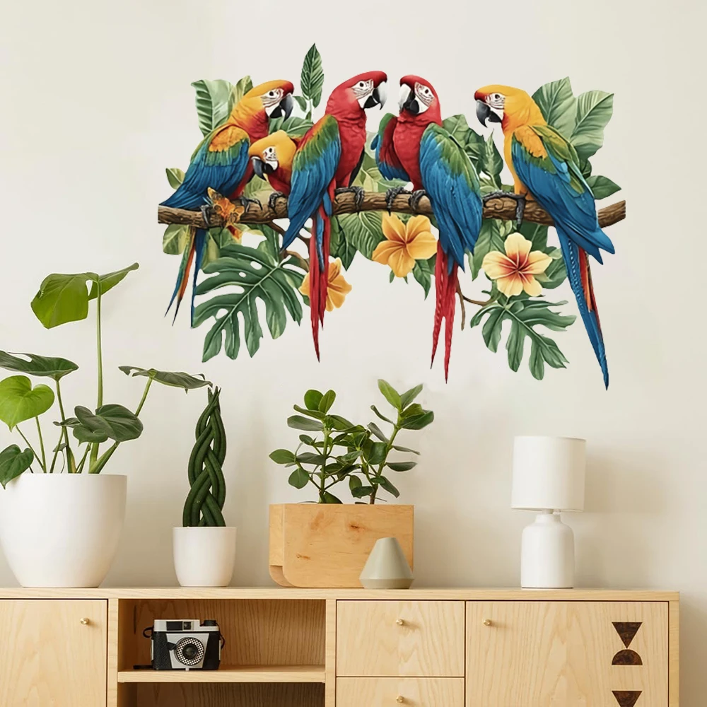 3Pcs Parrots on Branch Wall Stickers Bedroom Playroom Vibrant Tropical Foliage Bird Wall Decals Baby Nursery Living Room view 3