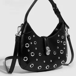 Fashion Rivet Halfmoon Women Shoulder Bags Trend Underarm Bag Luxury Pu Leather Crossbody Bag Vintage Punk Handbags 2024