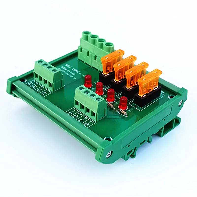 Scheda del modulo di distribuzione dell\'alimentazione del fusibile a 4 posizioni con montaggio su guida DIN, per AC/DC 5 ~ 32V.