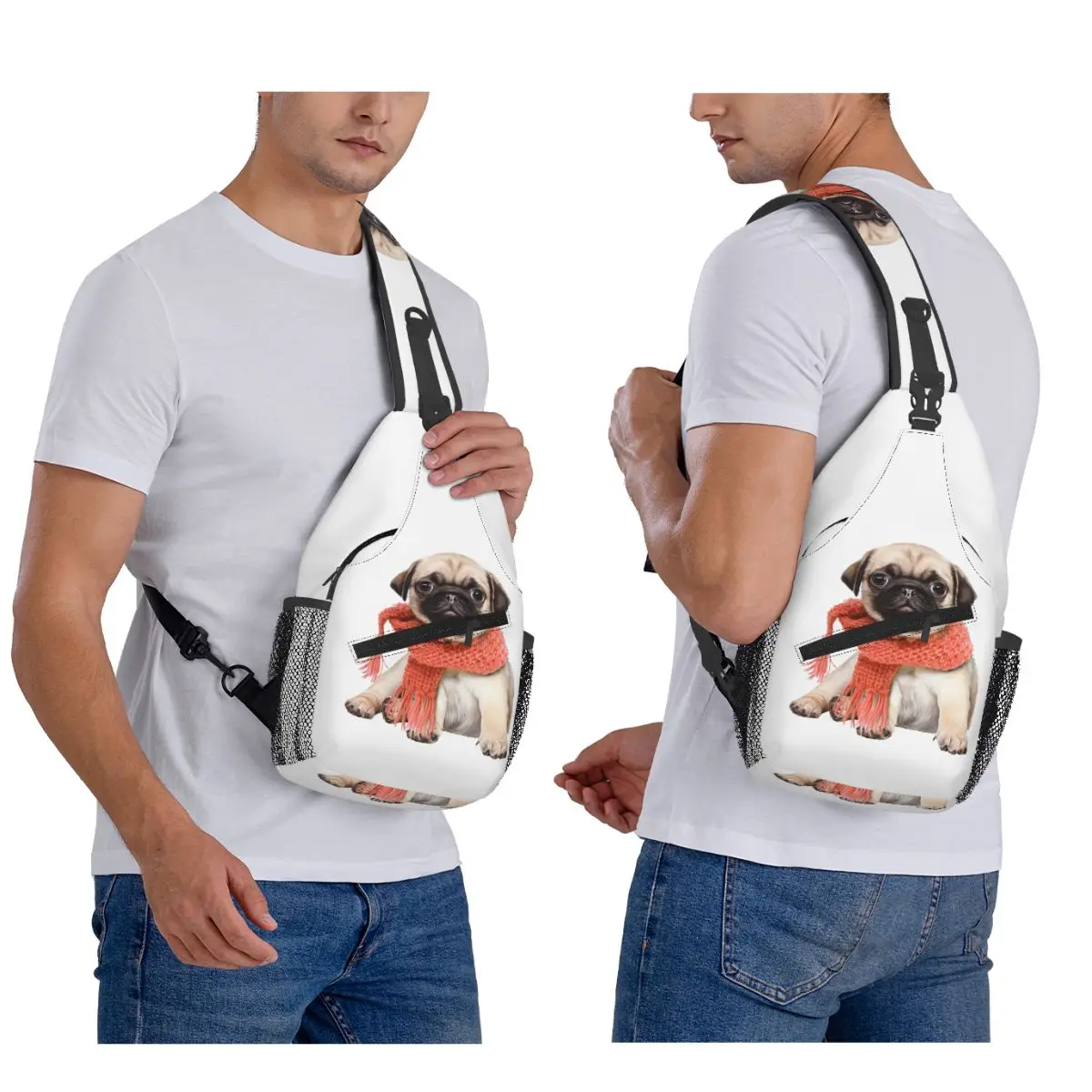 Winter Funny Fawn Pug Funny Dog Lover Chest Bag Men Sling Crossbody Backpack Chest Bag Traveling Hiking Daypack Shoulder Bag