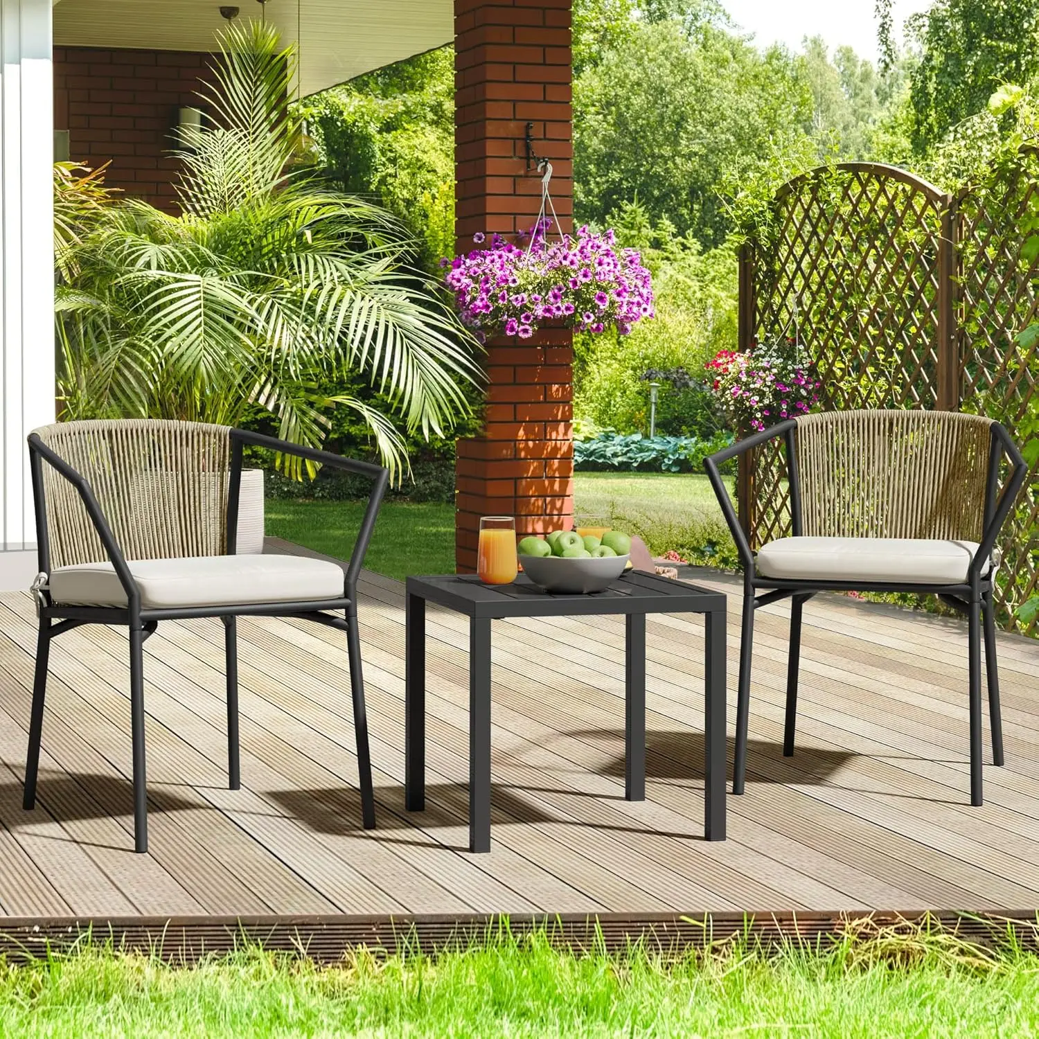 Wicker Outdoor Bistro Set, 3-Piece Sectional Furniture Set, Pátio Conversa Set com cadeiras empilháveis e mesa