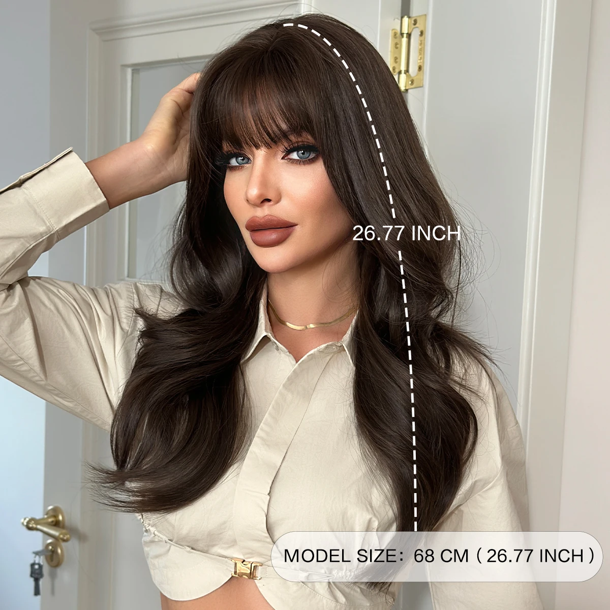 Picture 5: PARK YUN Long Wavy Brown Wigs For Women 26 Inch Wig With Bangs Natural Looking Synthetic Fiber Fashion Wig For Girl Daily Party