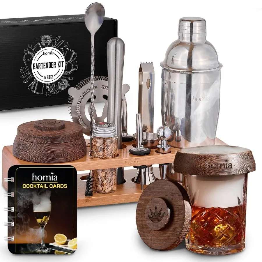 

Bartender Kit with Whiskey Smoker 13 pcs Bamboo Stand Bar Set with Cocktail Shaker Bartending Kit with Essential Bar Accessory