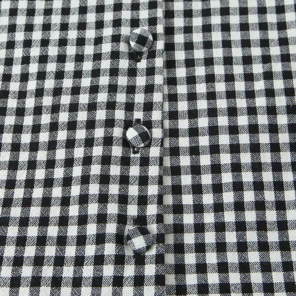 2025 Chic Black White Plaid Spliced Lace O neck Open Buttons Sleeveless Shirt Women Back Bow Lace-up Belt Tank Tops Tee Crop Top