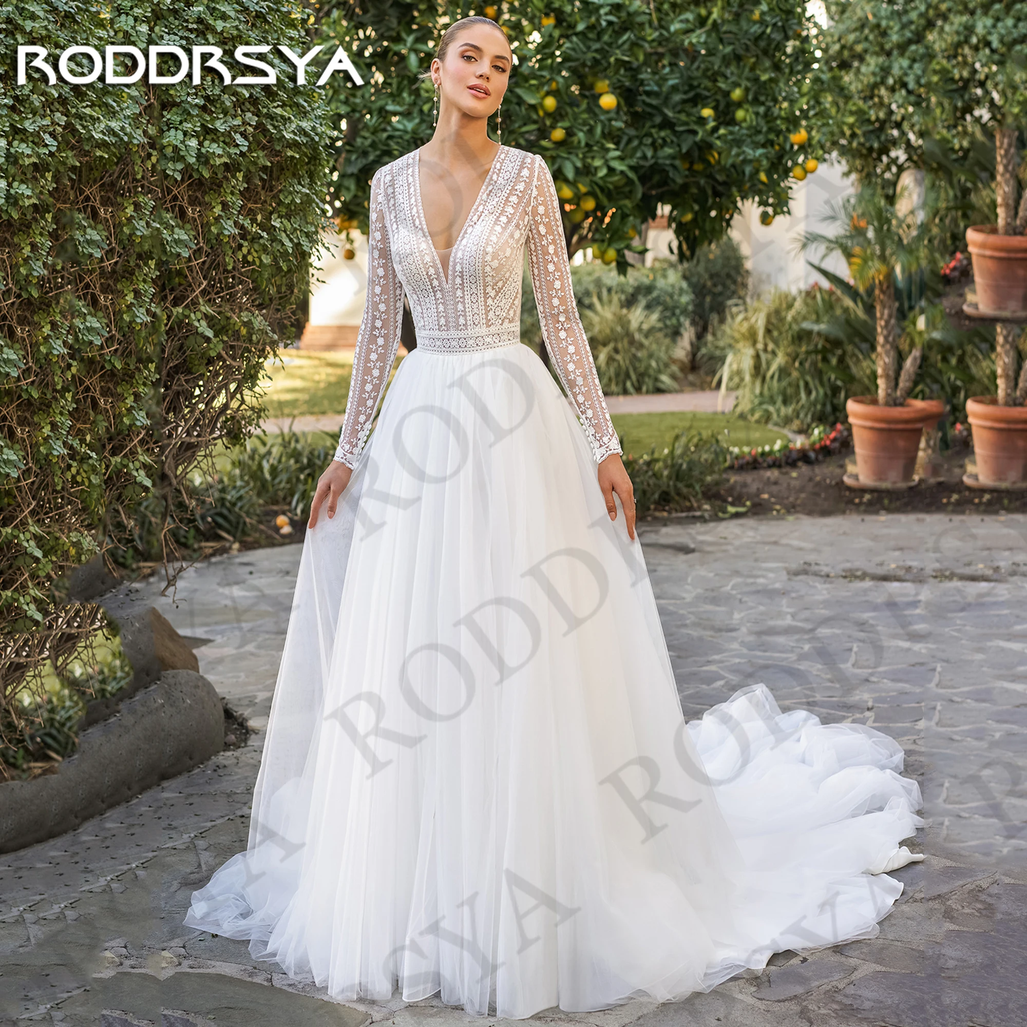 

RODDRSYA Romantic Lace Long Sleeve Wedding Dresses for Bride Illusion V Neck A Line Bridal Dress Customized vestidos de novia