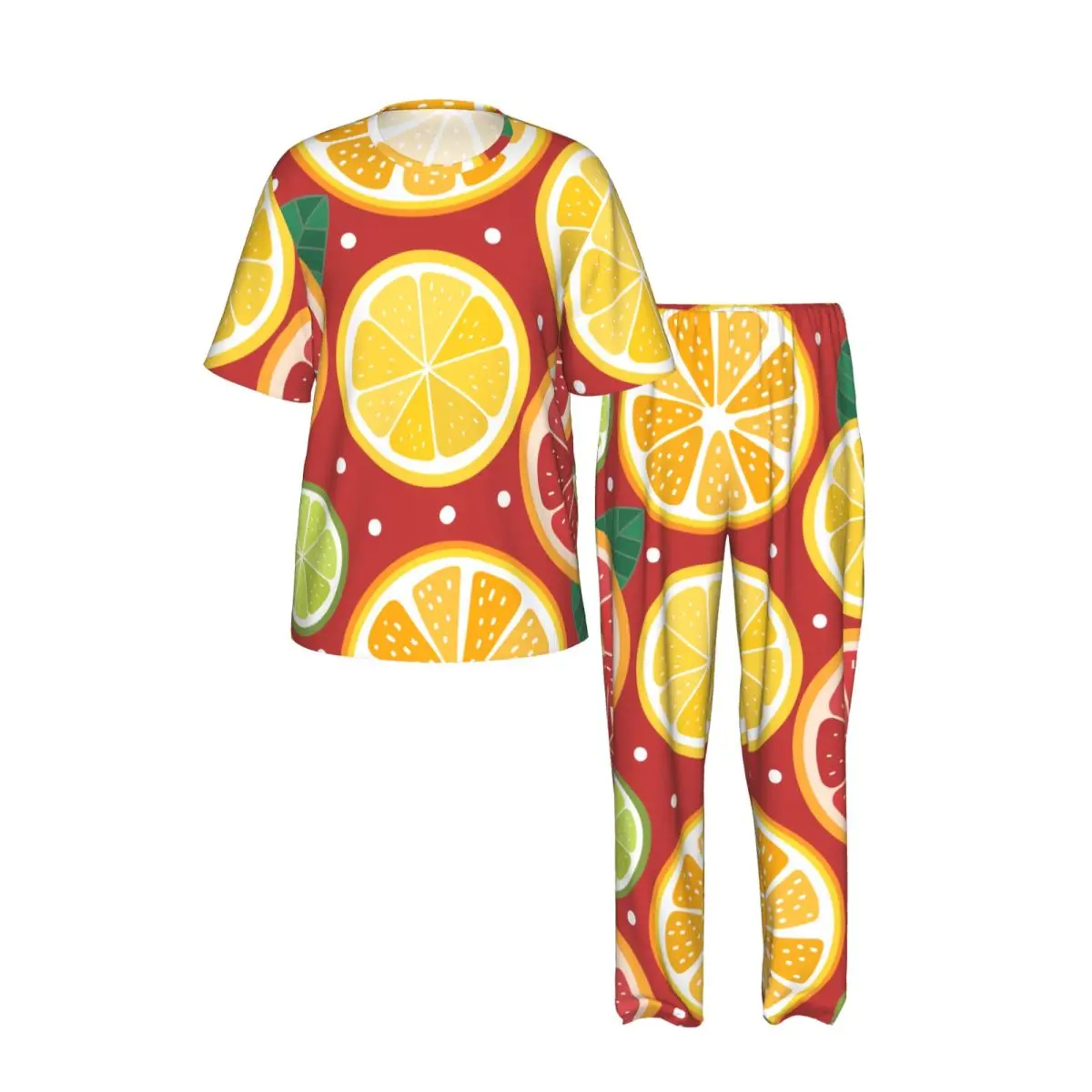 Men's Pajamas Set Summer Short-Sleeve Tops + Long Pants Nightwear Home Wear Suits Orange Lime Lemon And Grapefruit Sleepwear