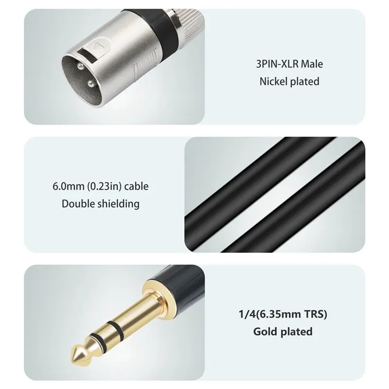 DT51 2pcs 1/4 Inch to XLR Male Balanced Signal Interconnect Cable 6.35mm to XLR Patch Cable Microphone Cable 100cm
