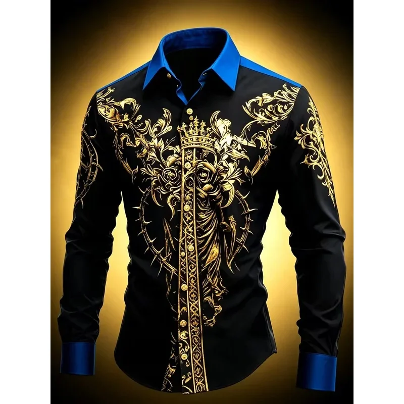Men Long‑Sleeve Button‑Down Shirt Black Gold Royal Crown Cross Baroque Print Polyester Lapel Collar Party Top