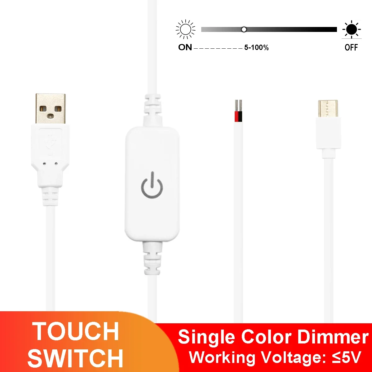 Złącze USB 5V 3A Wtyczka USB do kabla zasilającego typu C z przełącznikiem dotykowym ściemniacza do jednokolorowej taśmy LED Wentylator lampy