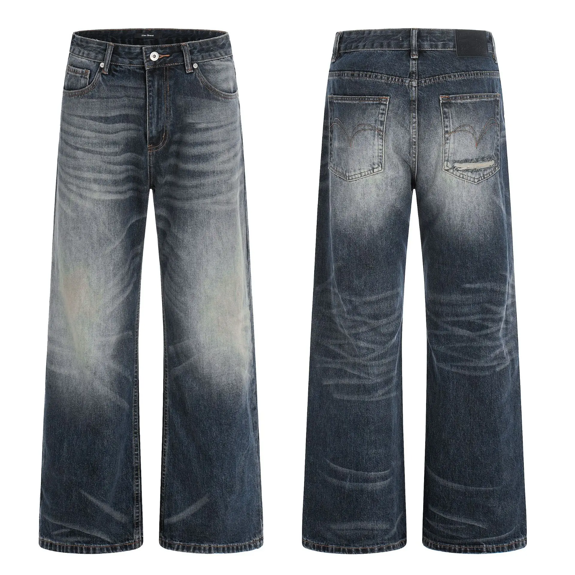 

American Retro Deep Blue Jeans Men Women Straight Leg Vintage Flared Floor-Length Trousers Casual Loose Fit Jeans