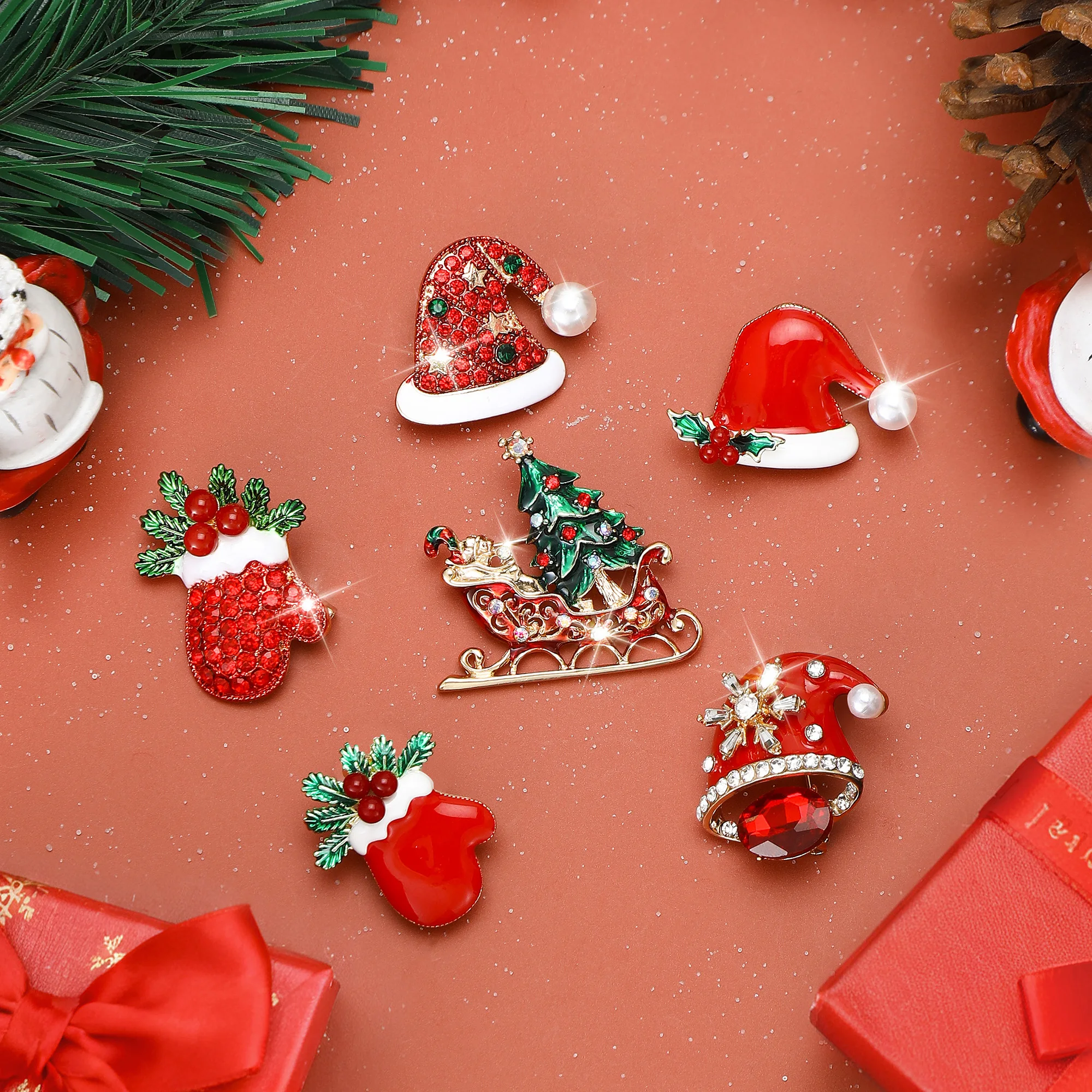 Beaut&Berry Luxury Christmas Hat,Gloves Brooches for Women Unisex Christmas Day Pins Casual Party Holiday Accessories Gifts