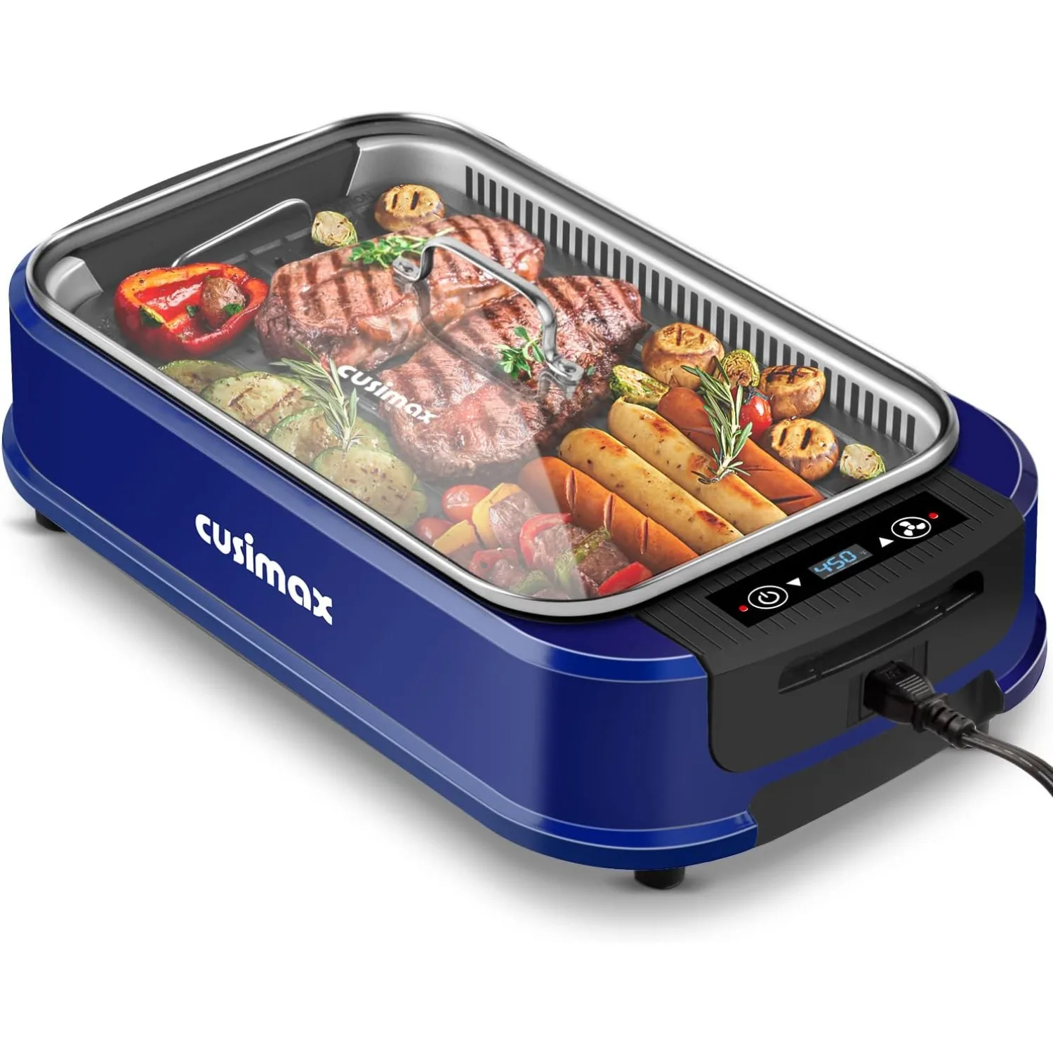 Smokeless Grill, 1500W Electric Indoor Grill with LED Smart Display & Tempered Glass Lid, Non-stick Removable Plate, Blue