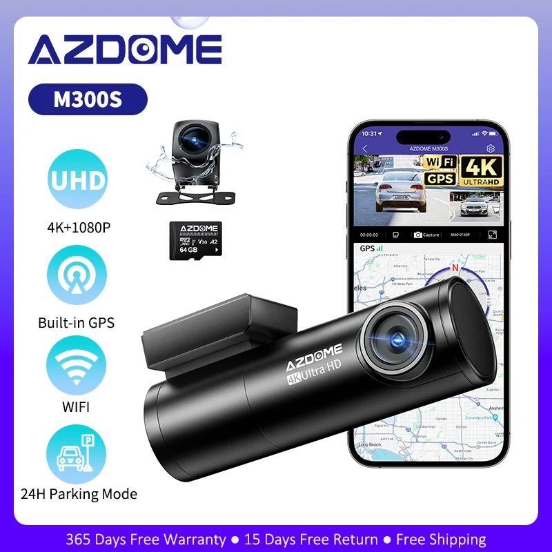 AZDOME M300S 4K 블랙박스 전후방 카메라 내장 와이파이 GPS 음성 제어 야간 시야 주차 모니터링 루프 녹화