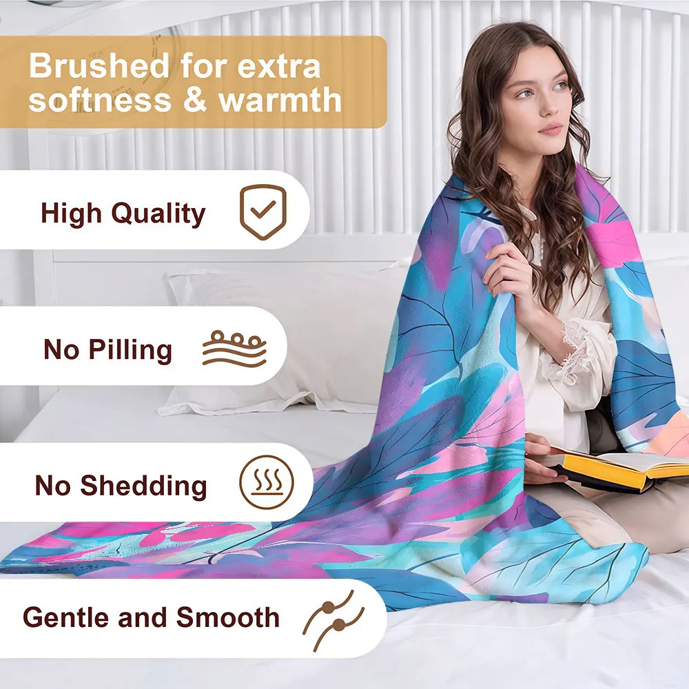 Blue Pink Gradient Leaf Soft Warm Flannel Blanket Lightweight Cozy Christmas Halloween Home Decor Room