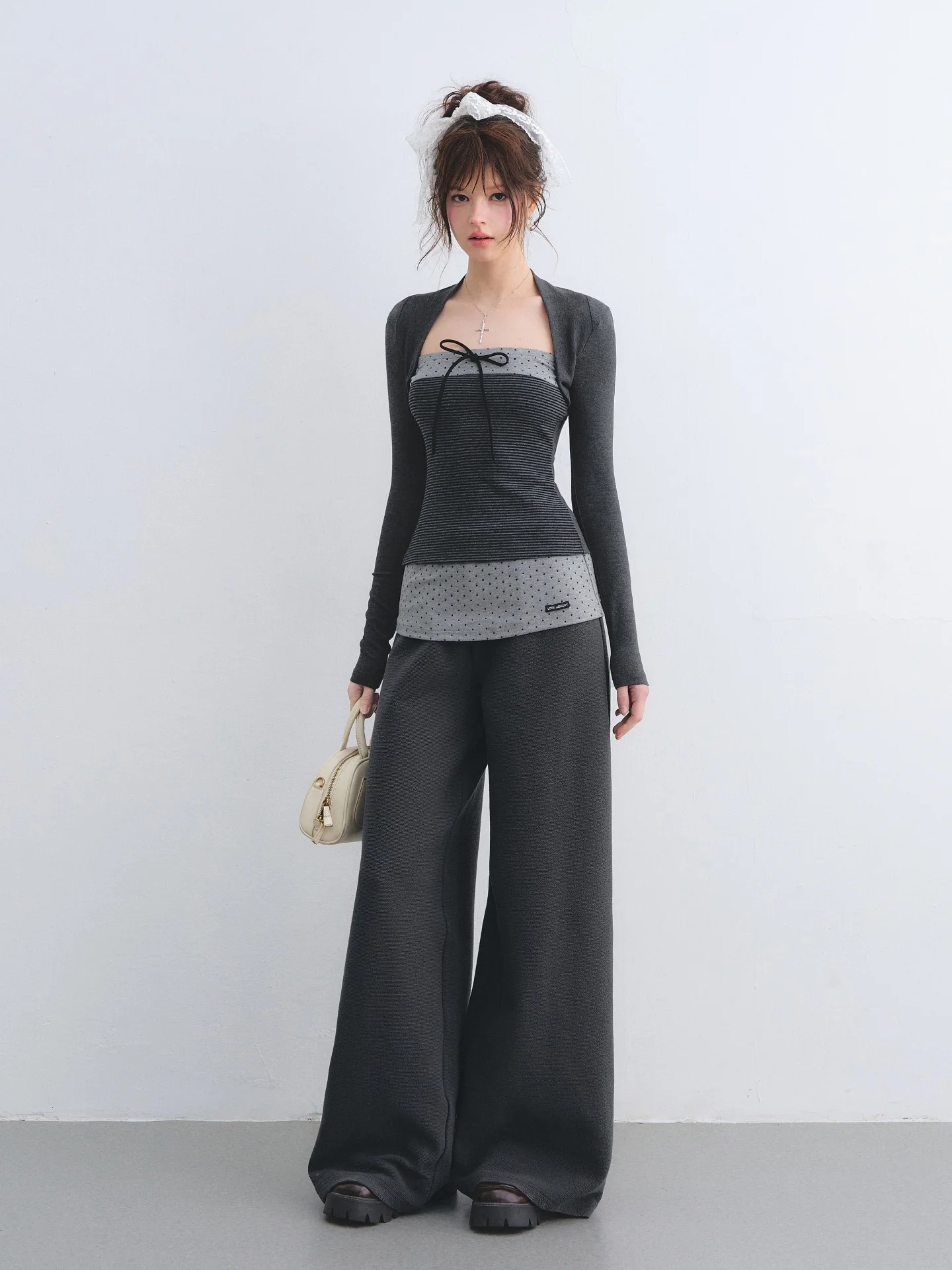 AsGony Color Block Polka Dot Stripe Splicing Wide Leg Pants Two Piece Set Long Sleeve Straight Cut Top Casual Fashion Ensemble
