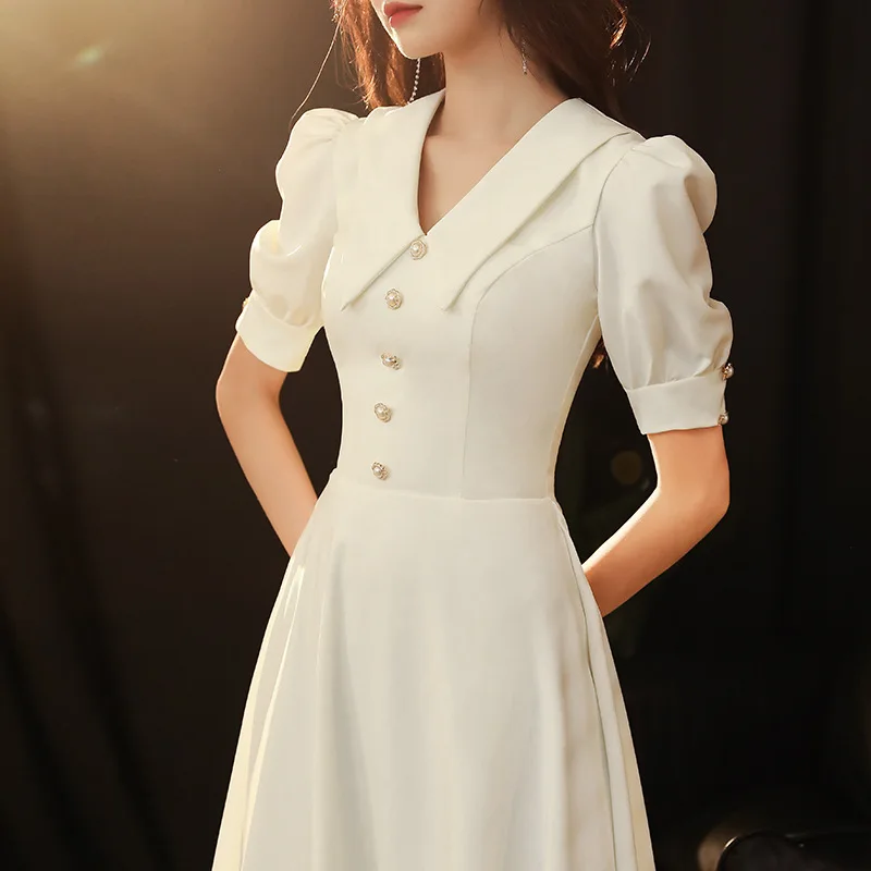 

U749 Fashion Girl Vintage White Dress Princess Lady Short Sleeve A Line Prom Gown Tea-Length Birthday Party Wedding Dress