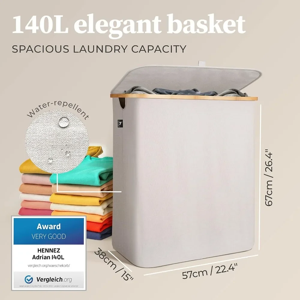 140L Double Hamper With Removable Bags - Tall Laundry Basket With Lid and Thick 220gsm Fabric - Gray