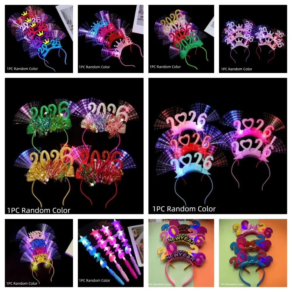LED توهج 2026 سنة جديدة سعيدة عقال عدد رسالة الألياف البصرية تضيء 2026 توهج العصي البلاستيك الملونة السنة الجديدة غطاء الرأس