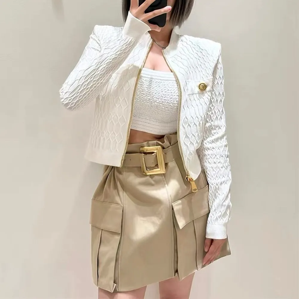 ハイエンドバージョン パリ風ラグジュアリー 幾何学模様 ゴールドブルー ジッパー付き ニット ラウンドネック オープンカーディガン レディース ファッション アウターウェア