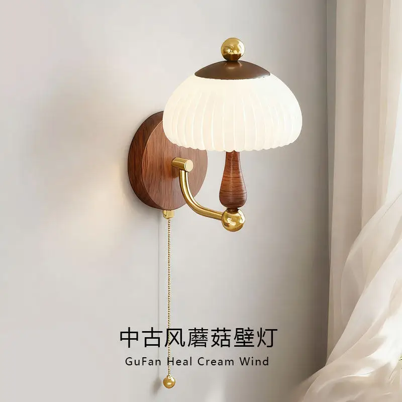 

Medieval Retro Walnut Color Wall Lamp with Switch Bedside Living Room Bedroom Aisle Balcony Atmosphere Decorative Sconces Lights
