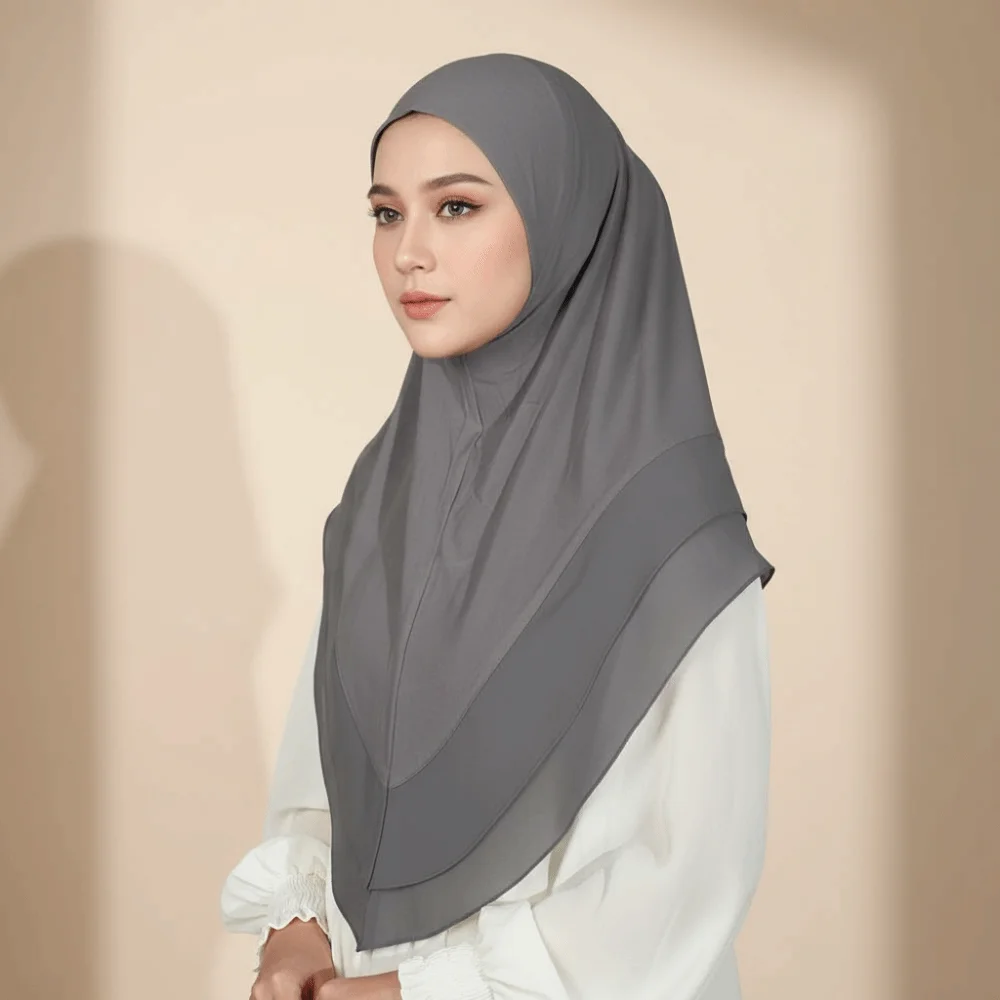 Non-Transparent Double Layer Chiffon Hijab Elegant Drape Solid Color Instant Chin Cover Scarf Breathable Mesh