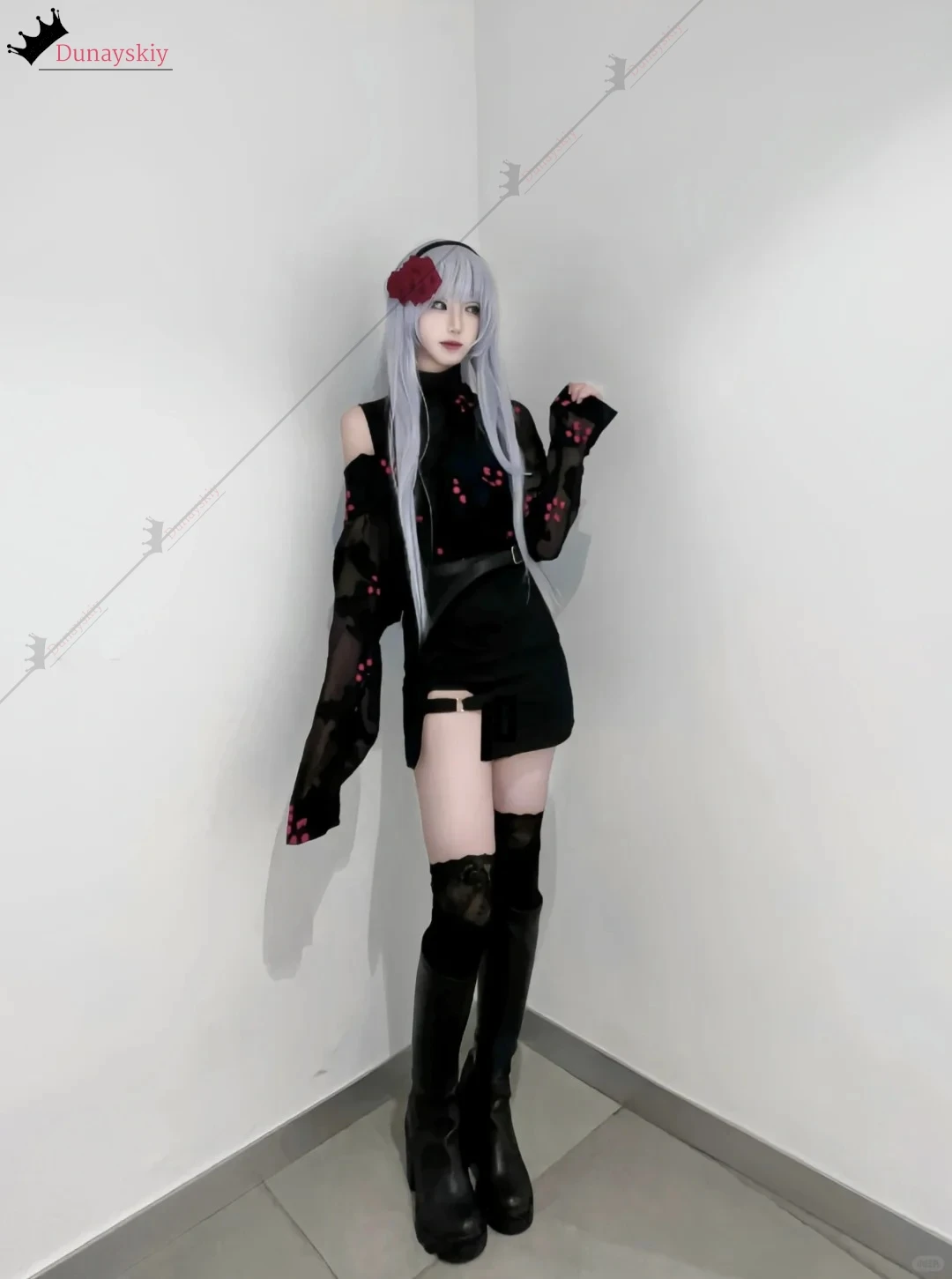 

YiNuo@Yoisaki Kanade Cosplay Anime Game Project Sekai Crossover ZOZOT Floral Pattern Costume Goth Mini Dress Stockings Christmas