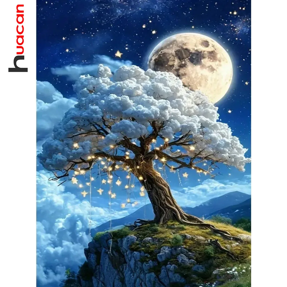 Huacan 5D-Diamant-Stickerei zum Selbermachen, quadratisch, rund, Bohrer, Baum, Mond, Muster, Malerei, Kits, Kreuzstich, Heimdekoration