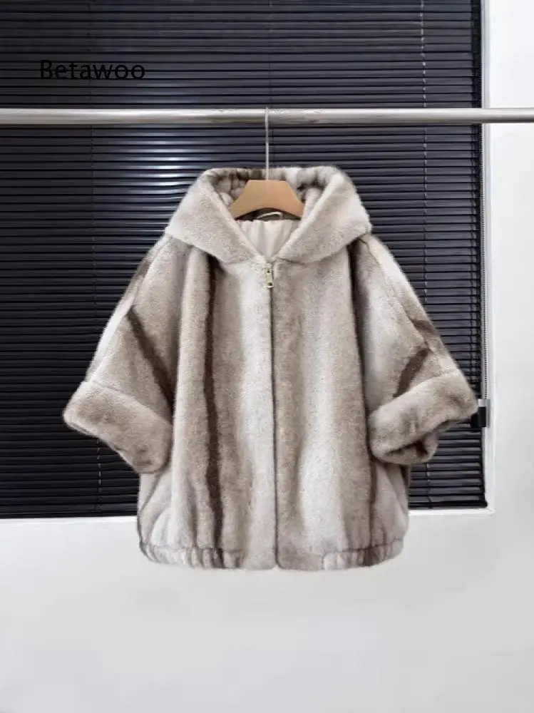 Womens Solid Beige Faux Fur Outerwear Hooded Zip Three Quarter Sleeve Fluffy Plush Short Coat For Daily Matching And Outings 4
