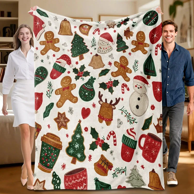 قطعة واحدة من بطانية الفانيلا بطابع عيد الميلاد مع خبز الزنجبيل ورجل الثلج والأشجار، مثالية للأريكة والسرير والمكتب. هدية مثالية لـ fam