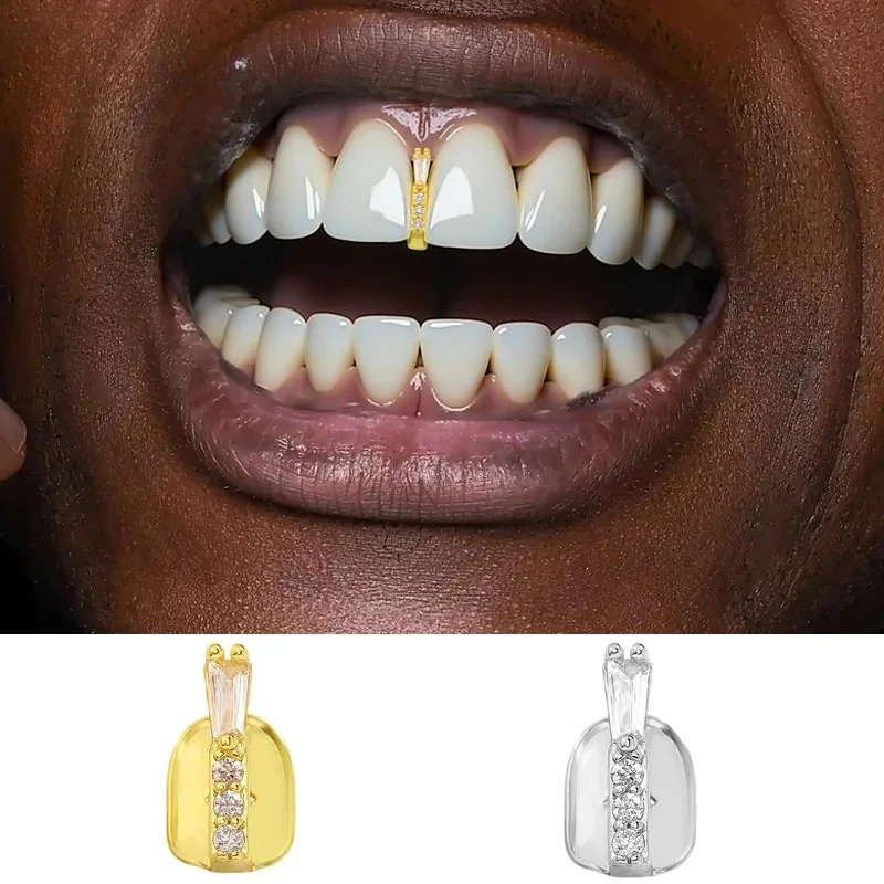 Iced Out Single Long Stick Zircon Teeth Grillz Vertical Bar CZ Stone Tooth Caps For Women Men Jewelry Halloween Gift