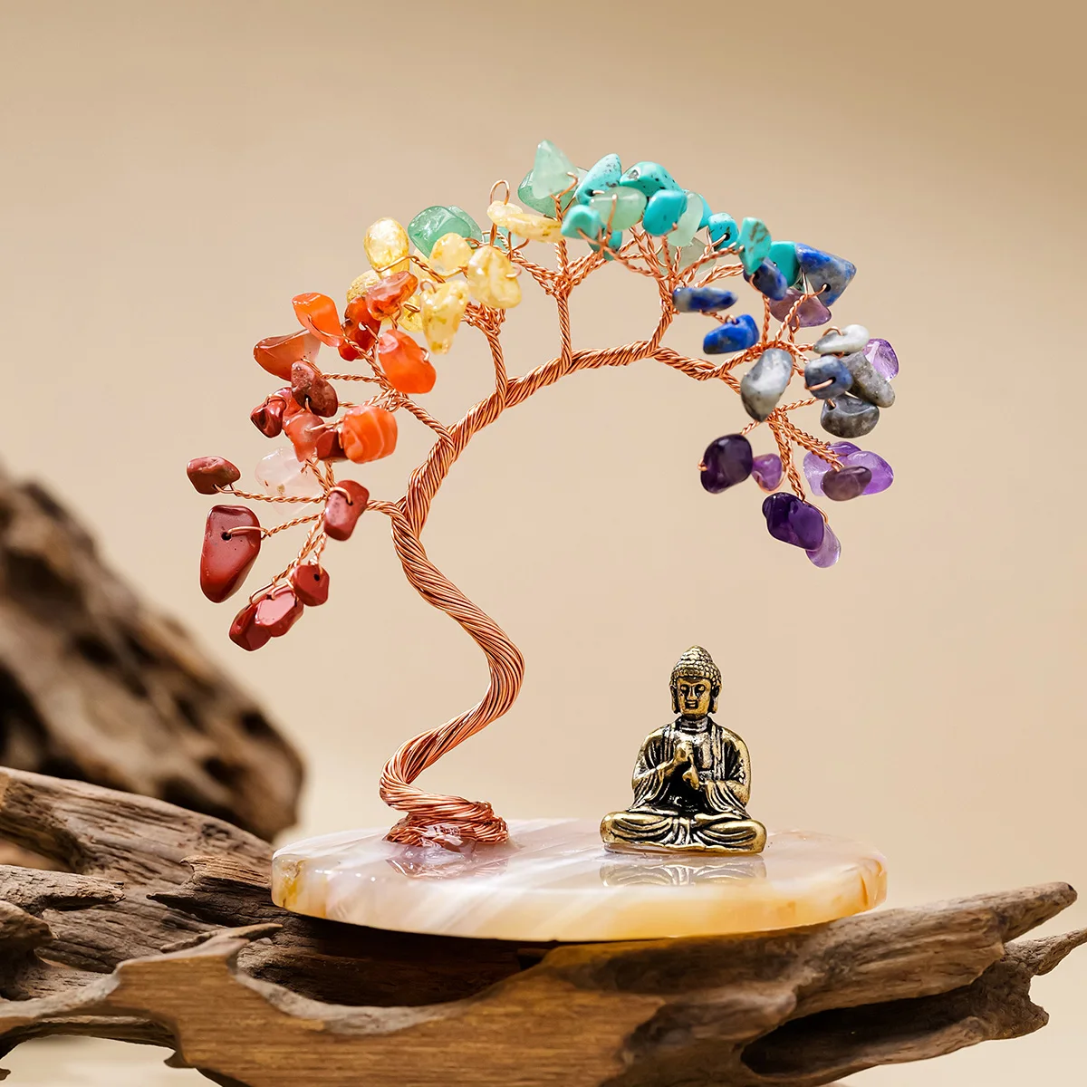 1PC Natural Crystal Colorful Life Tree with Buddha Statue, Agate Phoenix Tail Tree, Yoga Meditation Crystal Tree
