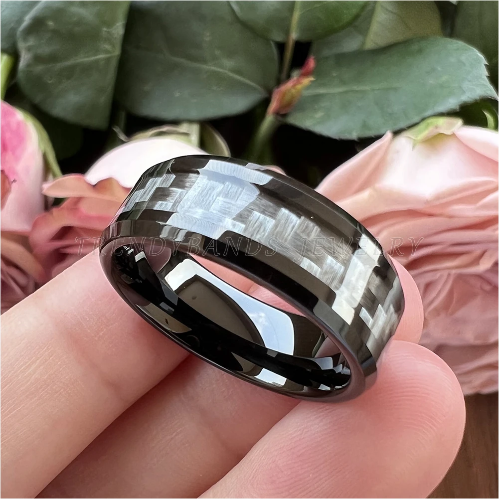 8mm Black Tungsten Ring for Men Women Engagement Wedding Band Gray Carbon Fiber Inlay Beveled Comfort Fit