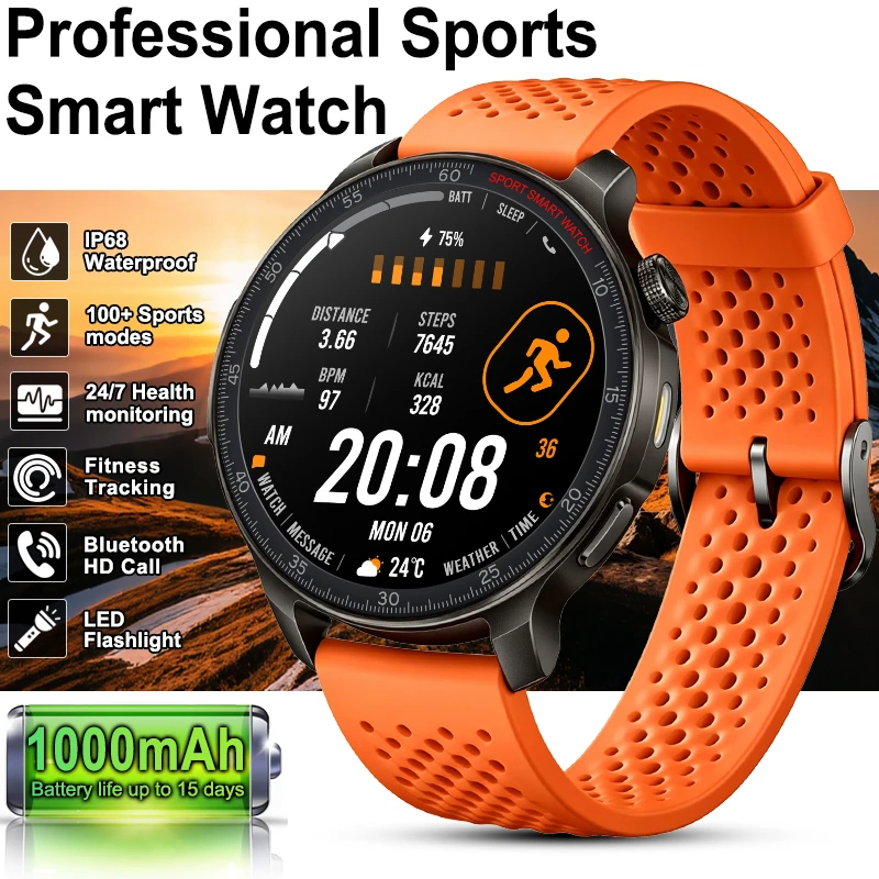 2026 New Outdoors Sports Smart Watch 1000mAh Battery 5ATM Waterproof Health Heart Rate Sleep Run Fitness Tracker Call Smartwatch