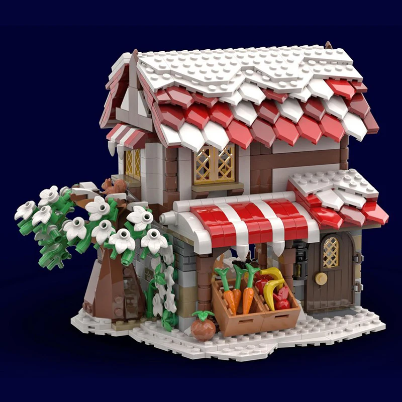 charming winter medieval market bricks snow village diorama house blocks town shop store moc livestock pen stall building set