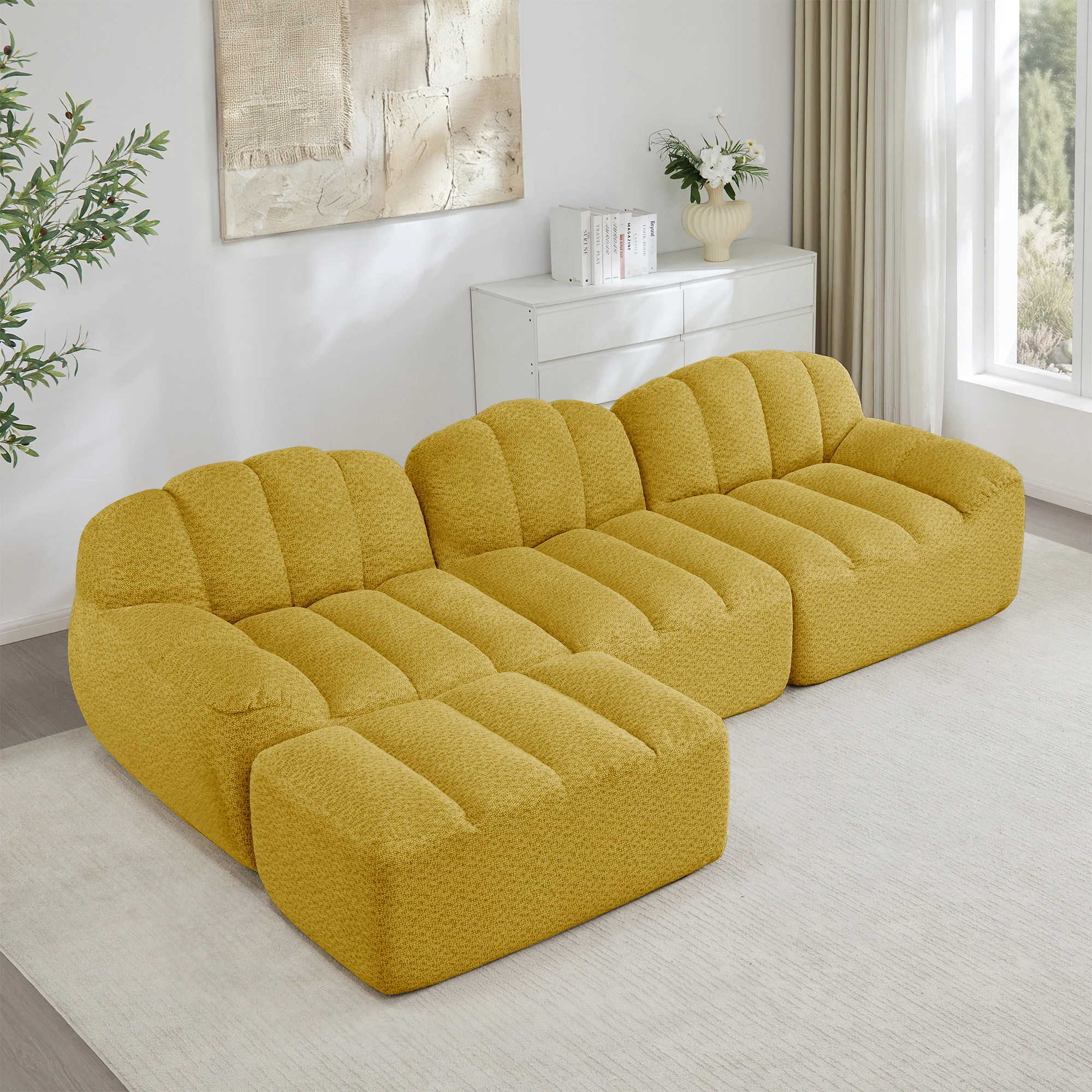 Sofá Modular de 3 Plazas con Otomana, Asiento Profundo, Sin Estructura, Forma Ergonómica en Felpa Amarilla