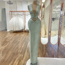 Fashionable Green Mermaid Classic Women's Evening Dresses Charming V Neck Sleeveless Beaded Prom Gowns Formal Party فساتين سهرات