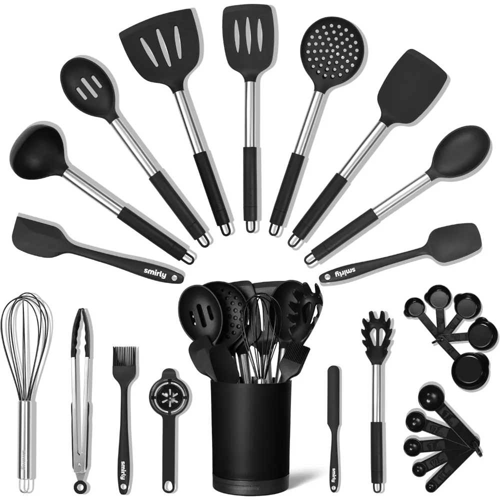 

kitchen utensils set – 26-piece silicone cooking utensils set, spatula set with holder, stainless steel handle silicone kitchen