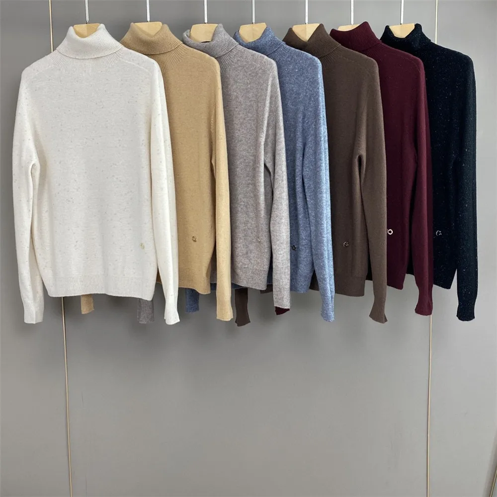 Autumn Winter New Pullover Sweater Turtleneck Gold Thread Sequin Cashmere Knitted Top Woman