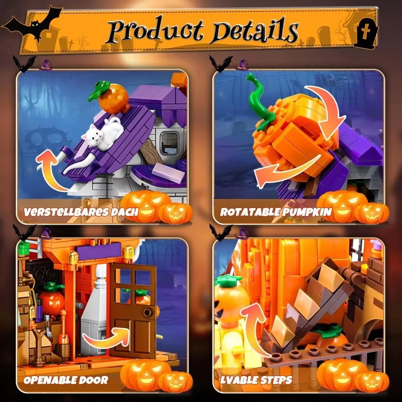 Halloween Set blok bangunan kreatif, Kit Dekorasi Rumah labu rumah hantu Halloween, hadiah pesta ulang tahun