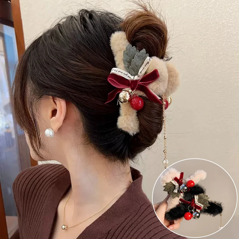 

Fashion Christmas Plush Hair Claw Crab Winter Large Bow Pearl Tassel Hair Clip Headwear Hair Clamp Hair Accessories Gifts