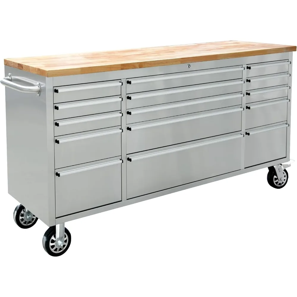 72-inch Rolling Tool Chest with 15 Drawers and Wheels, Mobile Garage Workbench, Large Tool Box Storage Tool Cabinet with Wood T