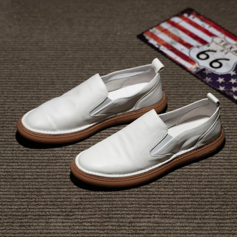 Harajuku Summer White Genuine Leather Mens Loafers Shoes Breathable Slip On Soft Male Casual Flat Sneakers Shoes Calzado Hombre