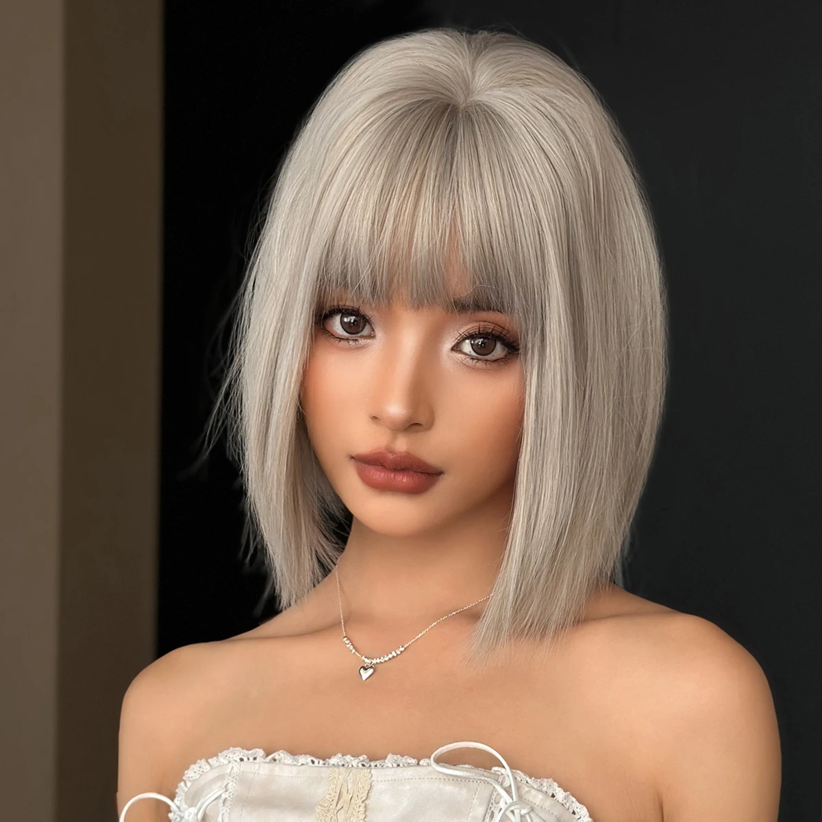 7JHH WIGS Short Straight Ash Beige Wig for Women Synthetic Layered Modest Fashion Wear and Go Gray Bob Wigs with Neat Bangs