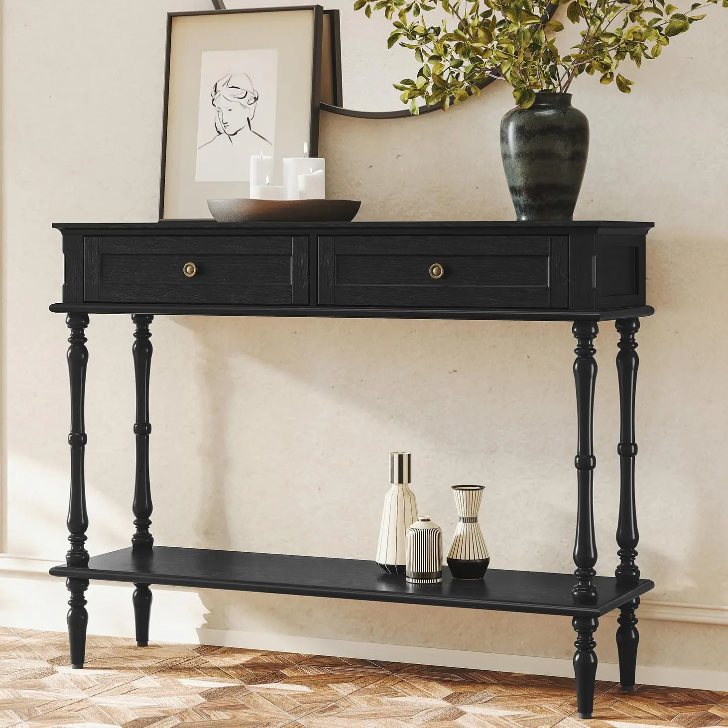 

Black 2-Drawer Console Table Storage Cabinet Open Shelf Narrow Long Behind Sofa Entryway Living Room Hallway, Customized