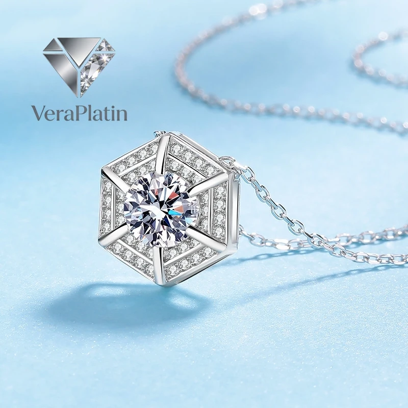 

VeraPlatin Mother's Day 18K White Gold Birthday Gift Necklaces 1CT Moissanite Diamond Girl Valentine's Day PT950 Platinum Hexagr