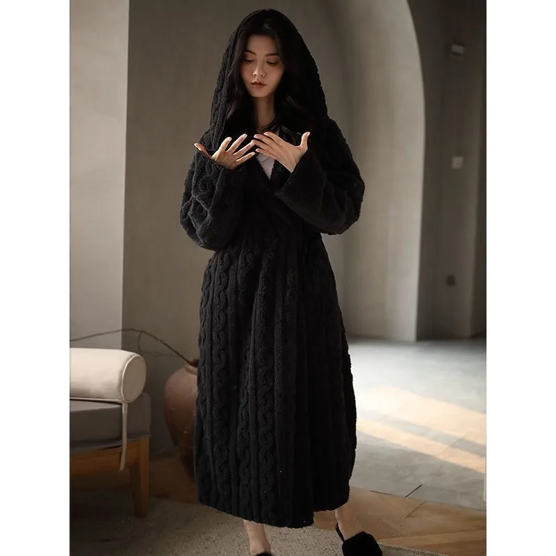 New Style Night Gown Woman Autumn and Winter Long Style Coral Fleece Thickening Type Hooded Pajamas Bathrobe Can Be Worn Outside