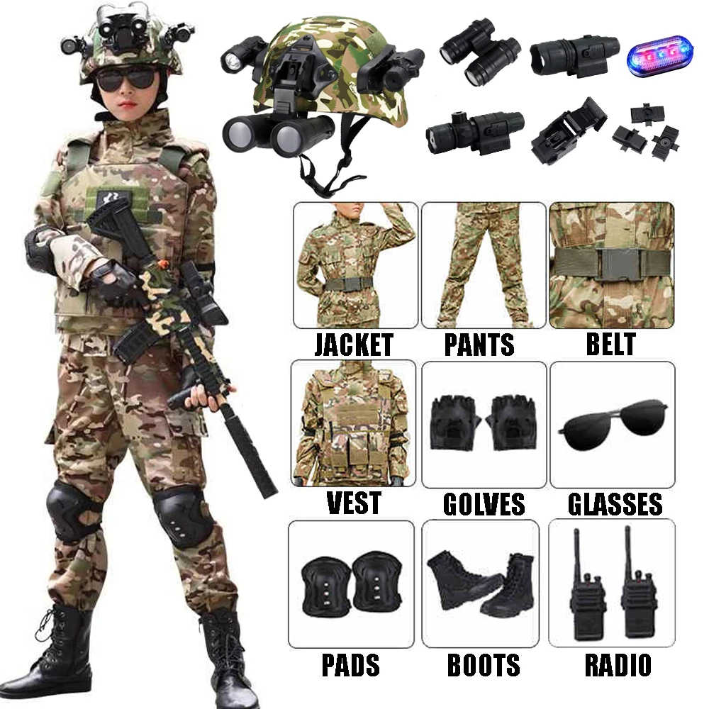 

Kids Military Training Uniform Set with Camouflage Top Pants Suit Tactical Kid Helmet Set with Flashlight Telescope Strobe Light
