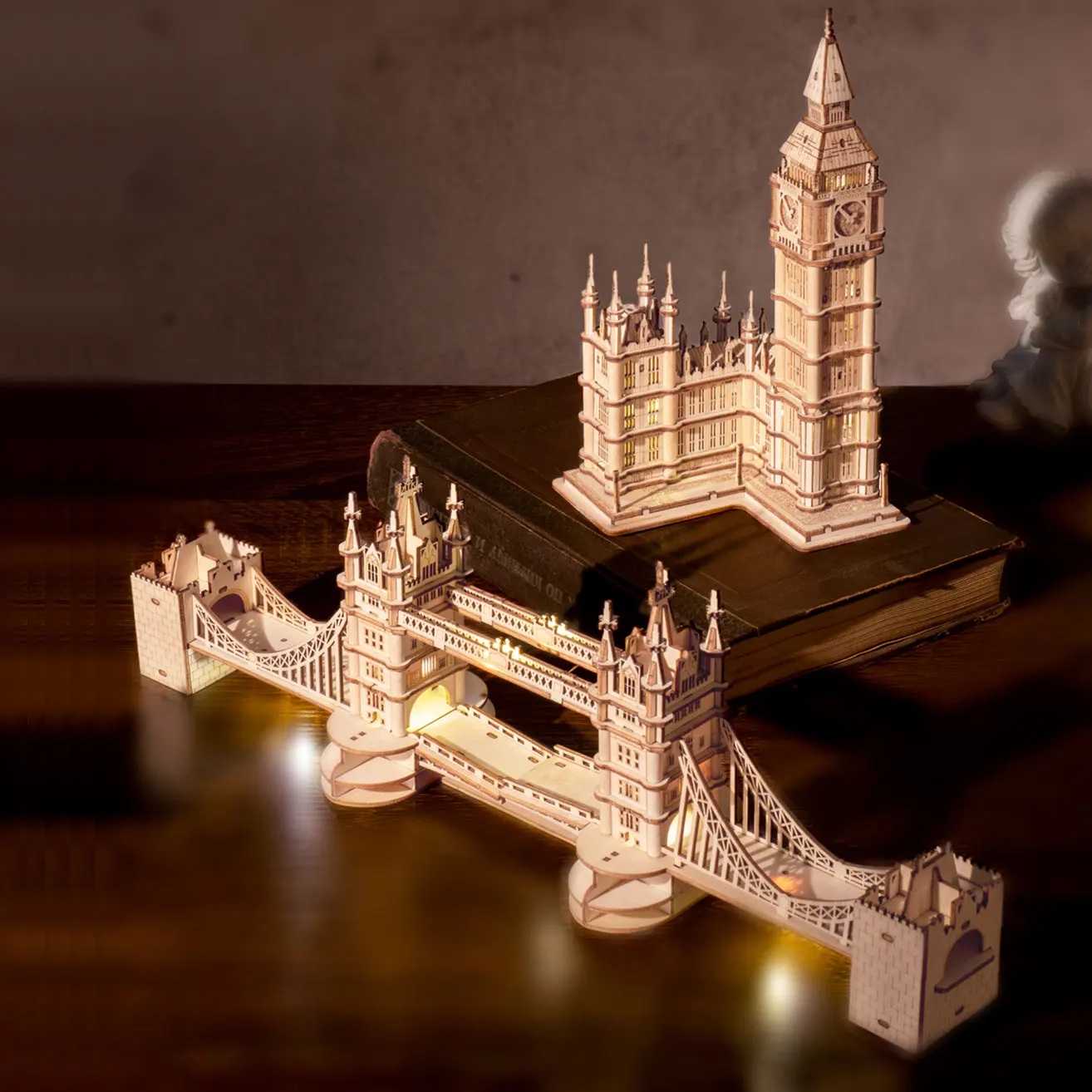 3D Puzzle Wooden Craft Kits with LED Light DIY Tower Bridge Big Ben Construction Model Kit to Build for Adults Brain Teaser Puzz