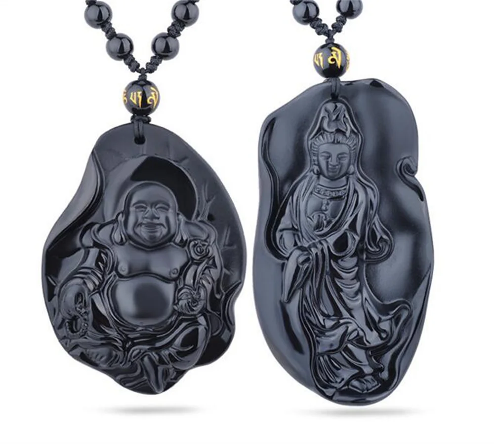 Beautiful Chinese Handwork Natural Black Obsidian Carved Buddha Kwan-Yin Lucky Amulet Pendant + free Necklace Fashion Jewelry